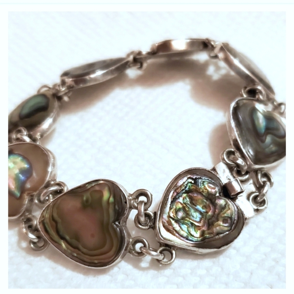 Vintage 8" Sterling Silver Abalone Hearts Bracelet